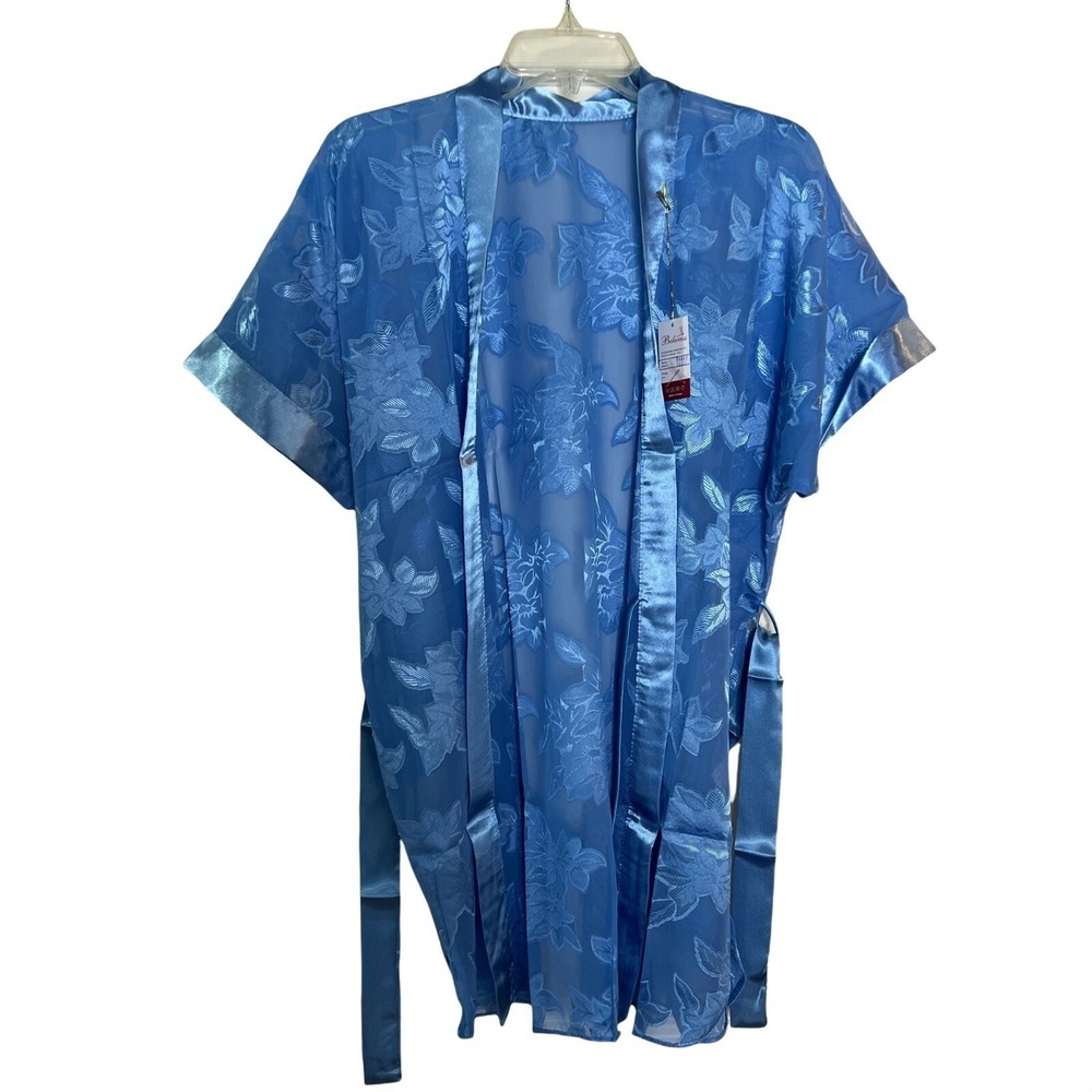 Blue Floral Sheer Mini Night Gown Sexy Lingerie Belweiss Kimono Robe & Belt NEW